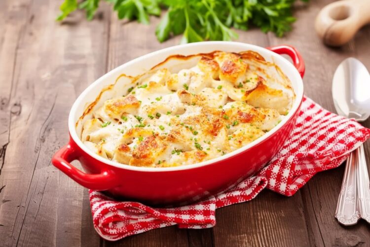 Bacalhau com natas e camarão